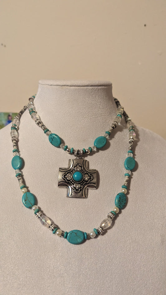 Beautiful Turquois and glass necklace with sterling silver spacer beads.